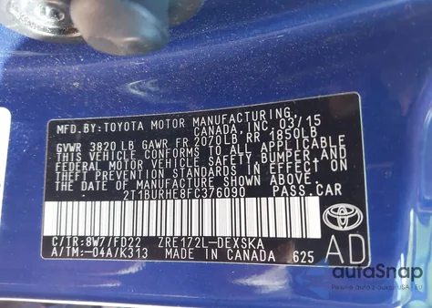 2015 Toyota Corolla S Plus from USA, damaged, VIN 2T1BURHE8FC376090
